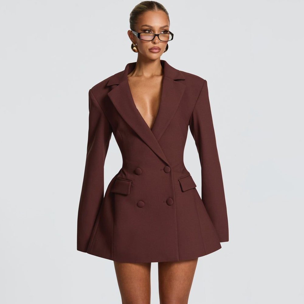 Women'S Formal Jackets To Wear With Dresses - Элегантное женское коричневое расклешенное платье-пиджак с