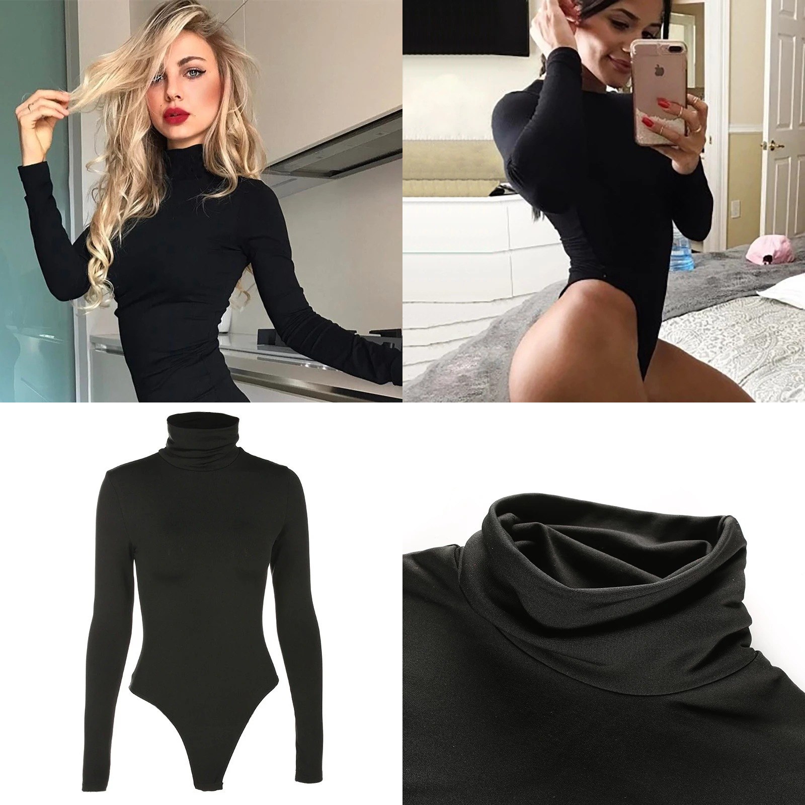 Turtleneck Bodysuit Office - Женский боди с высоким воротником, однотонный,