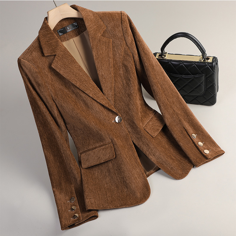 Women Formal Wear With Blazer - Женский пиджак из желтого золотистого бархата,