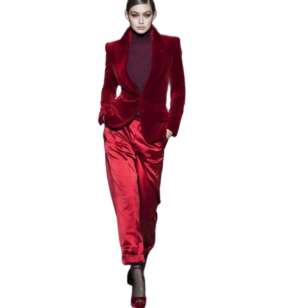 Women Formal Wear With Blazer - Женские Брючные костюмы винно-красного цвета, бархатная
